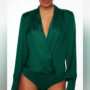 Dynamite Long Sleeve Satin Wrap Bodysuit - Emerald Green - Size S Small